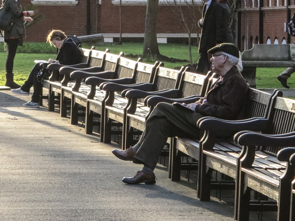 Old man on park bench. Mt. Street Gardens