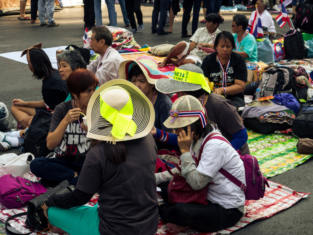 Bangkok Shutdown Women Sitting in protest area. 