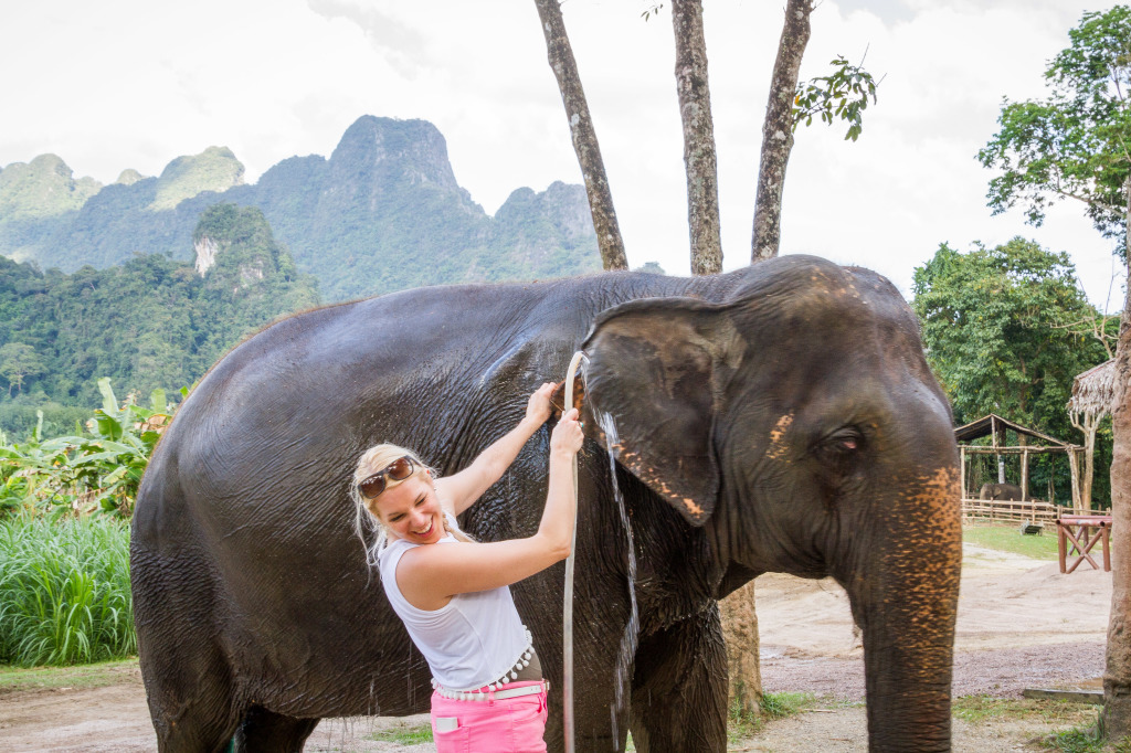 Tourist gets sprayed with water from Asian Elephants ears in Thailand  at Elephant Hills Khao Sok