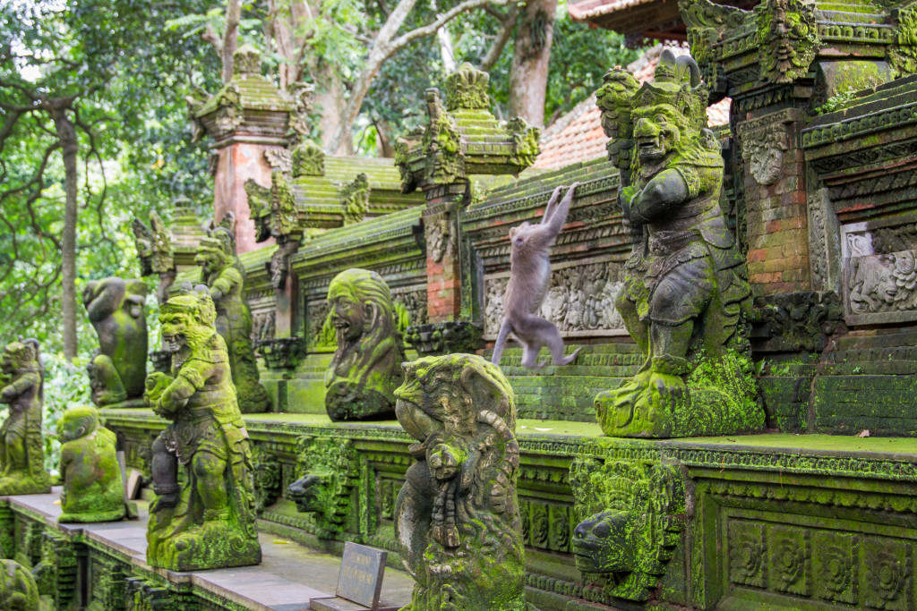 Monkey Climbs statues at Sacred Monkey Forest Ubud Indonesia