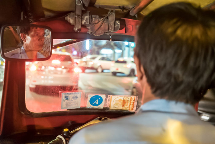 Tuk Tuk Driver in Bangkok Thailand at Night Mirror